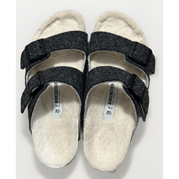 Birkenstock Shoes - Birkenstock Arizona Happy Lamb Grey Wool Felt Lined Slide Sandal Size 36 US 5